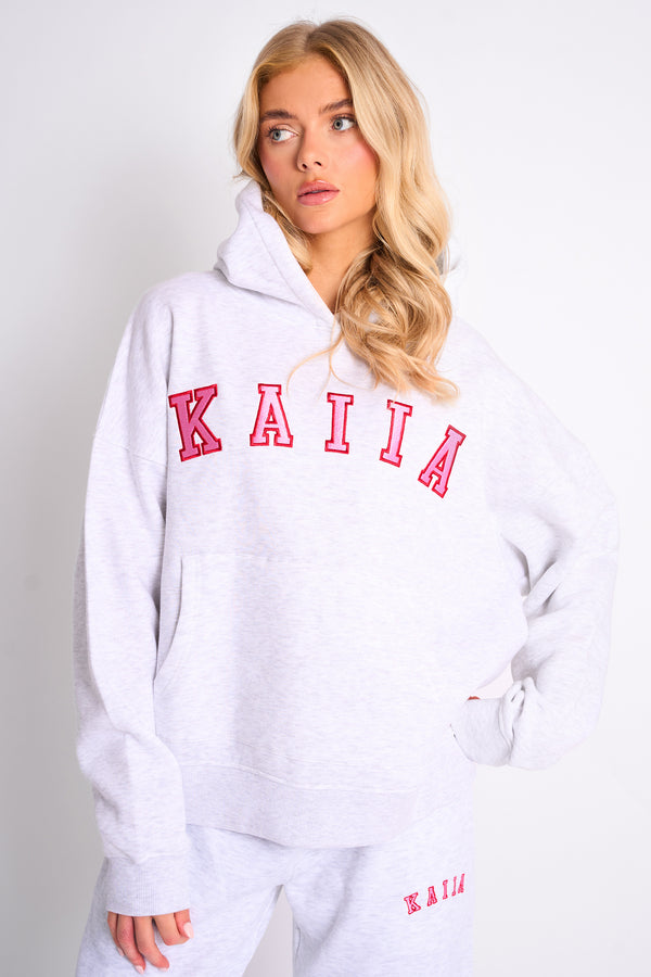 Kaiia Slogan Oversized Hoodie Light Grey Marl & Pink Contrast