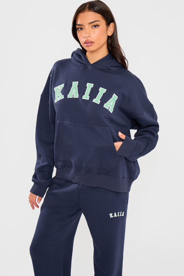 Kaiia Slogan Oversized Hoodie Navy & Jade Green