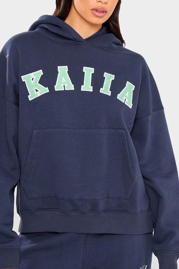 Kaiia Slogan Oversized Hoodie Navy & Jade Green