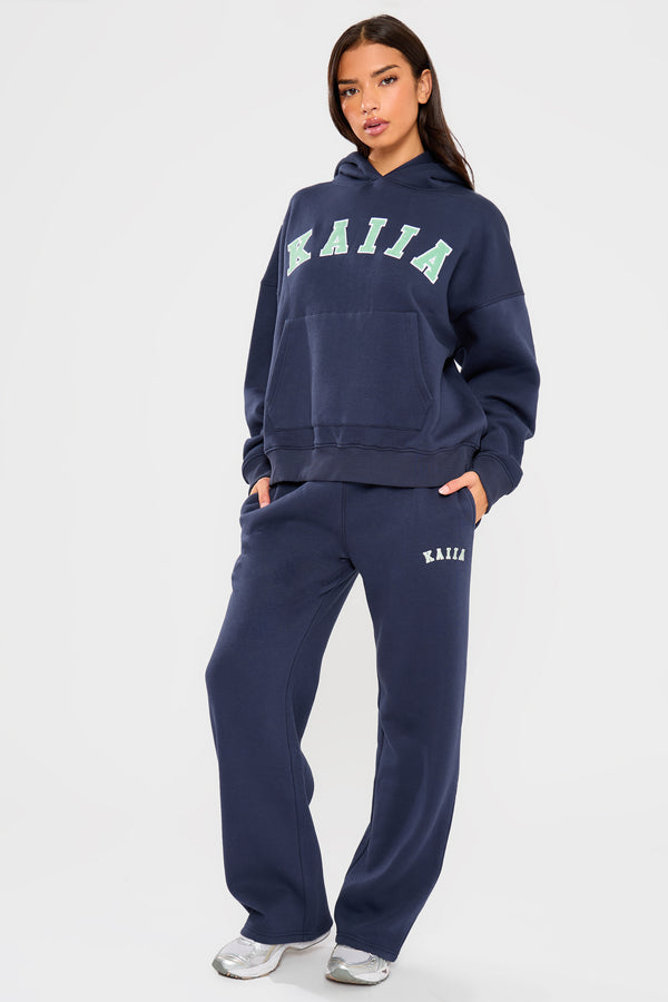 Kaiia Slogan Oversized Hoodie Navy & Jade Green