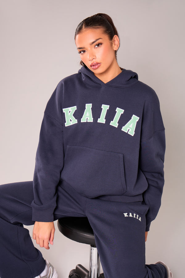 Kaiia Slogan Oversized Hoodie Navy & Jade Green