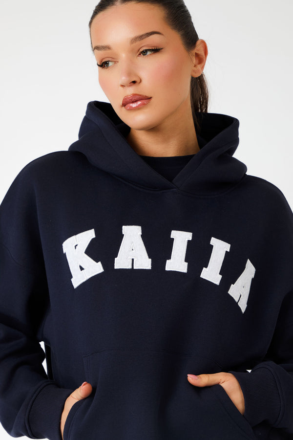 Kaiia Slogan Oversized Hoodie Navy & Light Grey Marl