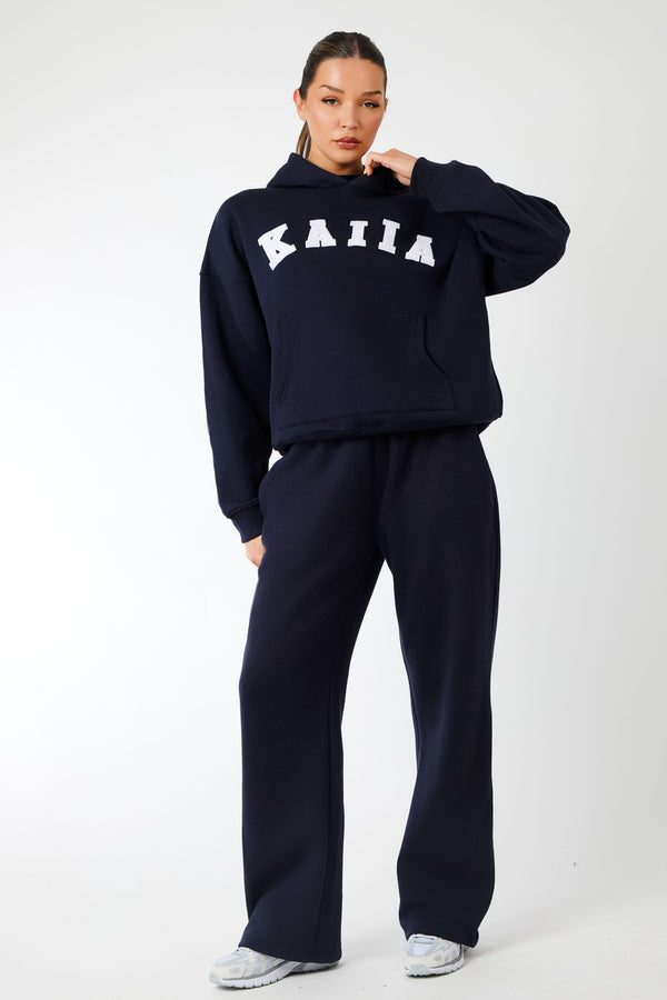 Kaiia Slogan Oversized Hoodie Navy & Light Grey Marl