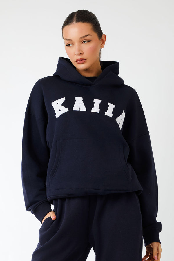 Kaiia Slogan Oversized Hoodie Navy & Light Grey Marl