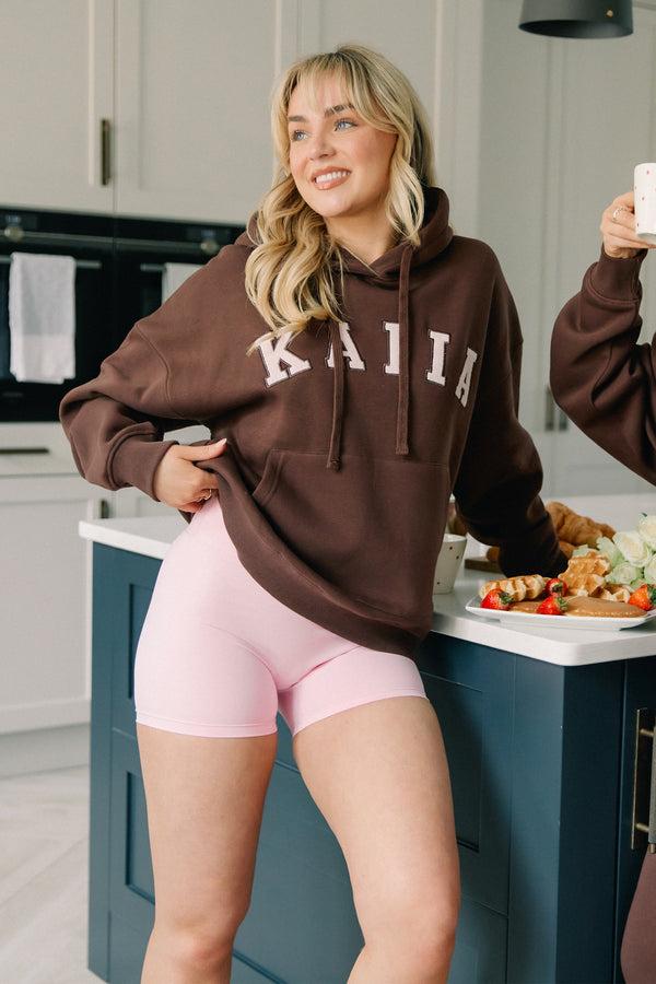 Kaiia Slogan Oversized Hoodie Peppercorn & Dusty Pink