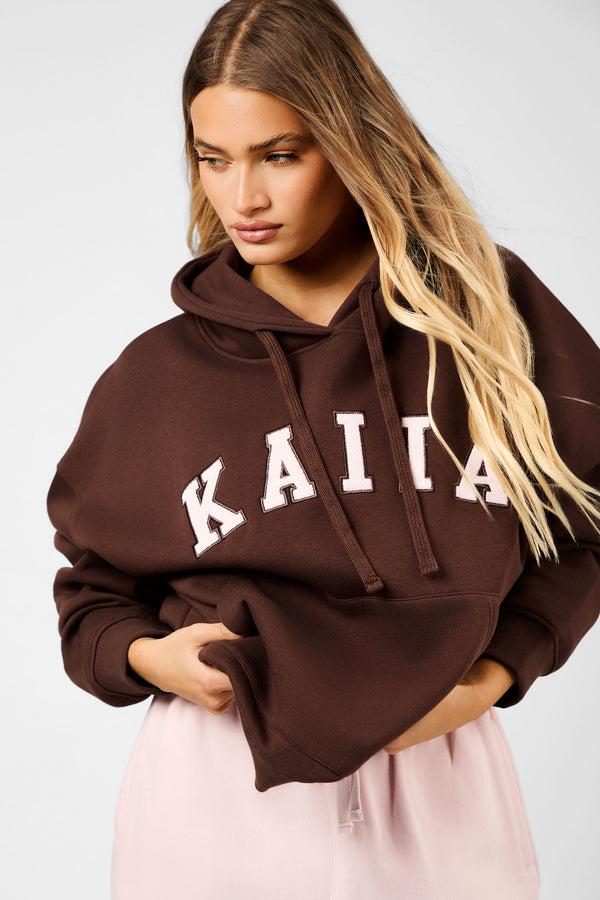 Kaiia Slogan Oversized Hoodie Peppercorn & Dusty Pink