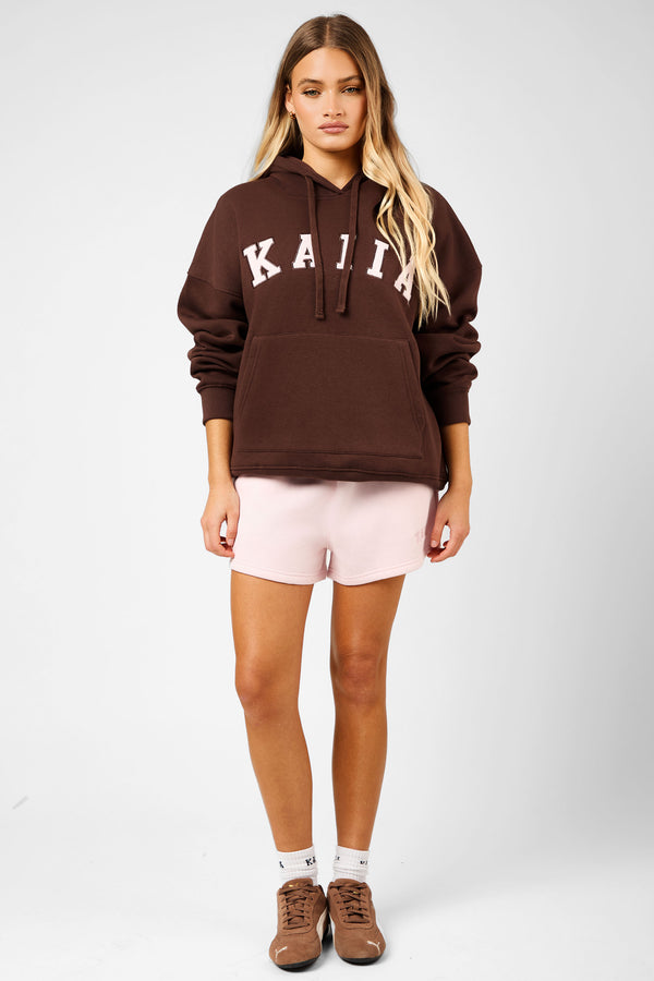 Kaiia Slogan Oversized Hoodie Peppercorn & Dusty Pink