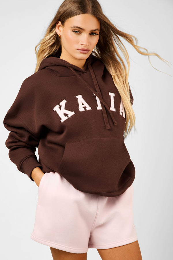 Kaiia Slogan Oversized Hoodie Peppercorn & Dusty Pink