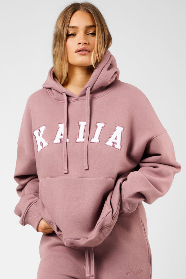 Kaiia Slogan Oversized Hoodie Rosewood & White