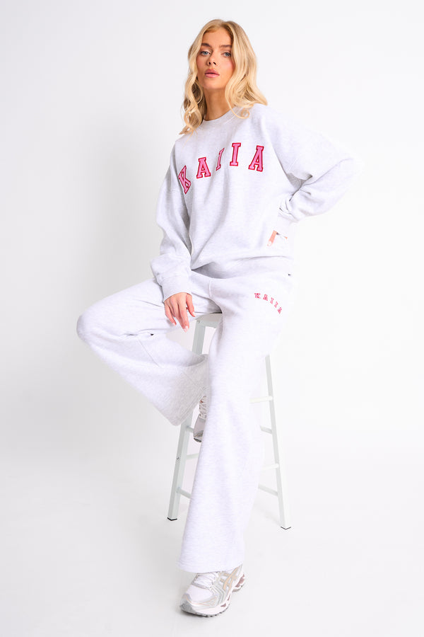 Kaiia Slogan Oversized Sweatshirt Light Grey Marl & Pink Contrast