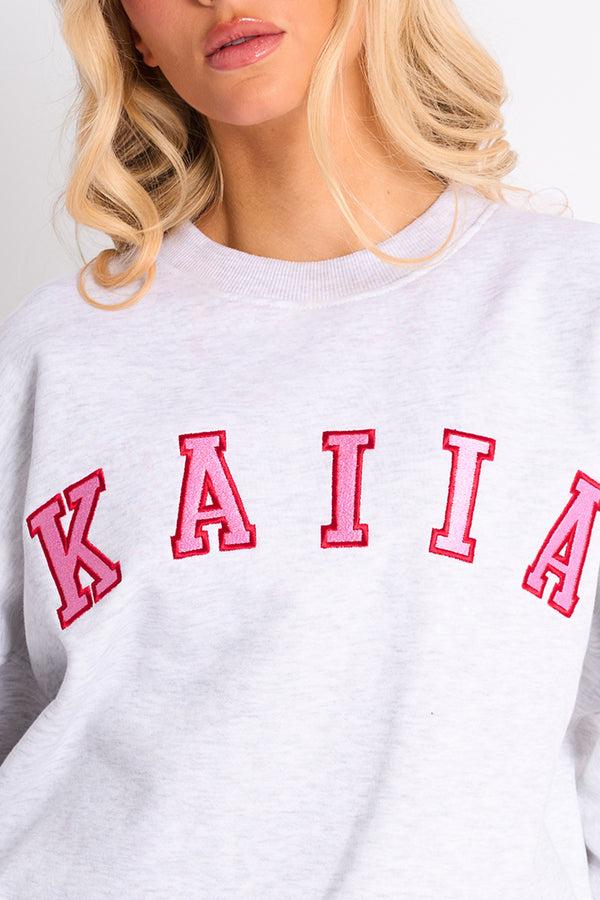 Kaiia Slogan Oversized Sweatshirt Light Grey Marl & Pink Contrast