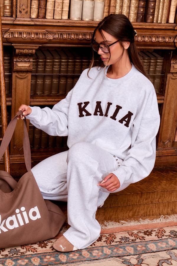 Kaiia Slogan Oversized Sweatshirt Light Grey Marl & Brown