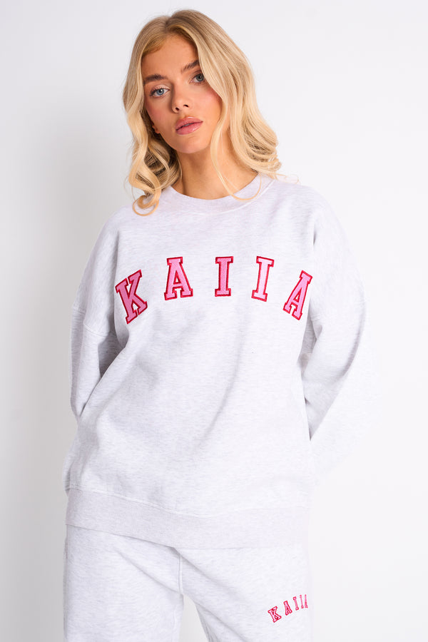 Kaiia Slogan Oversized Sweatshirt Light Grey Marl & Pink Contrast