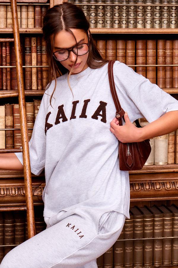 Kaiia Slogan Oversized T-shirt Light Grey Marl & Brown