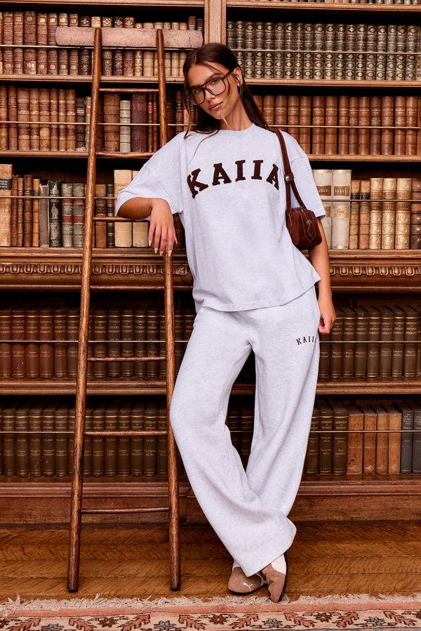 Kaiia Slogan Oversized T-shirt Light Grey Marl & Brown