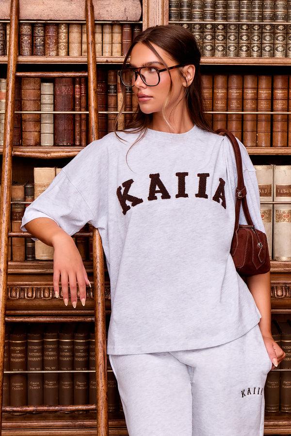 Kaiia Slogan Oversized T-shirt Light Grey Marl & Brown