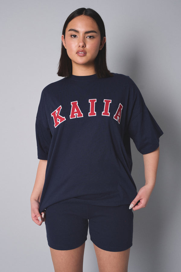 Kaiia Slogan Oversized Top Navy With Red