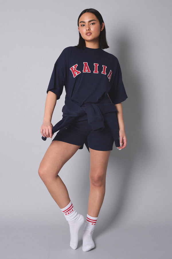 Kaiia Slogan Oversized Top Navy With Red
