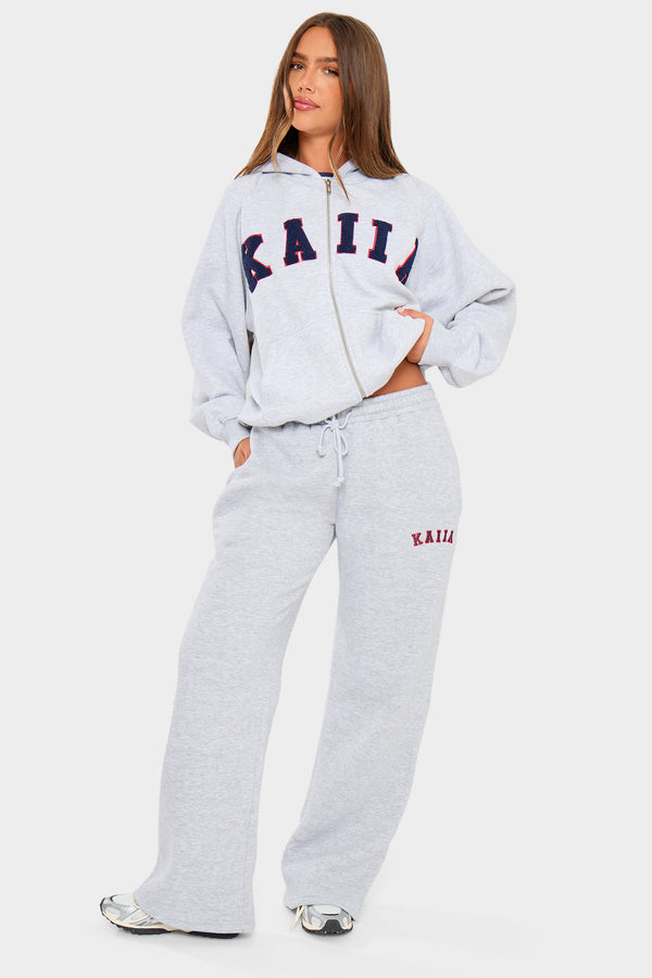 Kaiia Slogan Oversized Zip Through Hoodie Light Grey Marl & Red