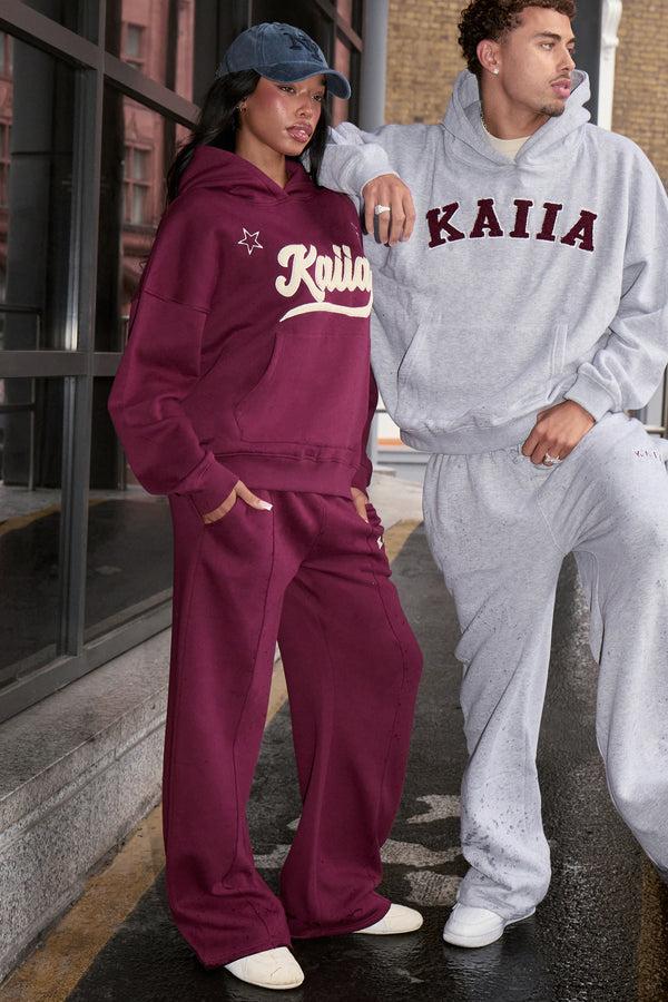 Kaiia Slogan Seam Detail Wide Leg Joggers Burgundy & Cream