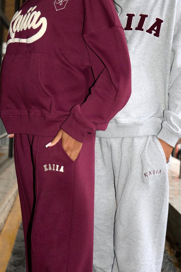 Kaiia Slogan Seam Detail Wide Leg Joggers Burgundy & Cream
