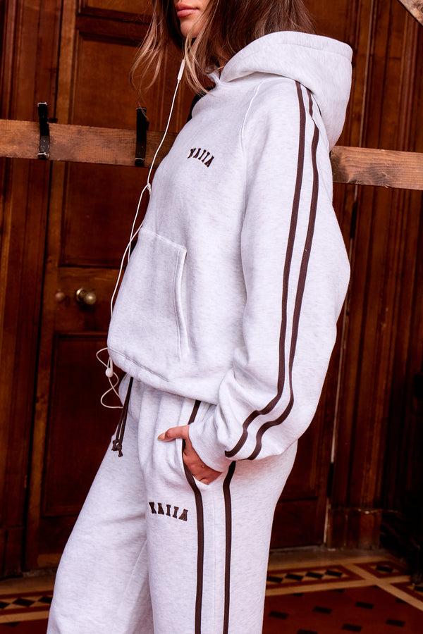Kaiia Slogan Side Stripe Oversized Hoodie Light Grey Marl & Brown
