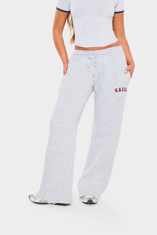 Kaiia Slogan Straight Leg Joggers Light Grey Marl & Red