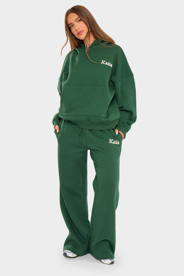 Kaiia Slogan Wide Leg Joggers Emerald Green