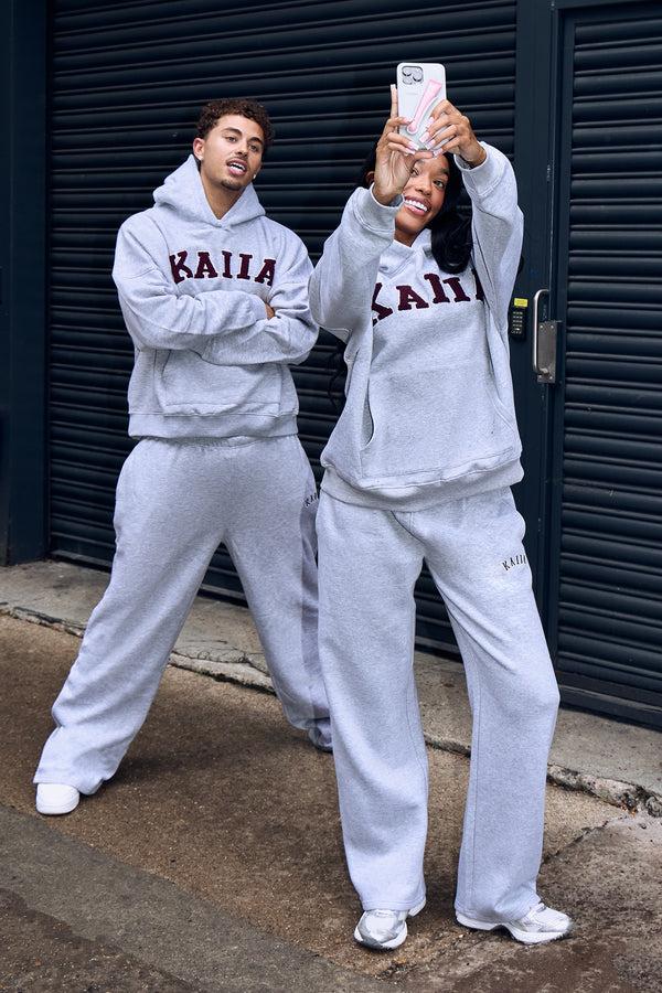 Kaiia Slogan Wide Leg Joggers Mid Grey & Burgundy