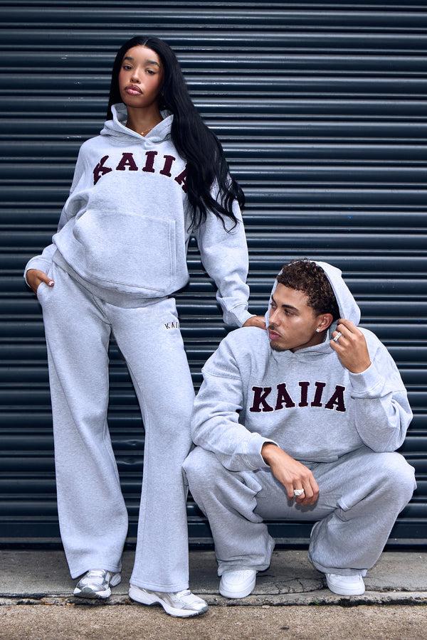 Kaiia Slogan Wide Leg Joggers Mid Grey & Burgundy