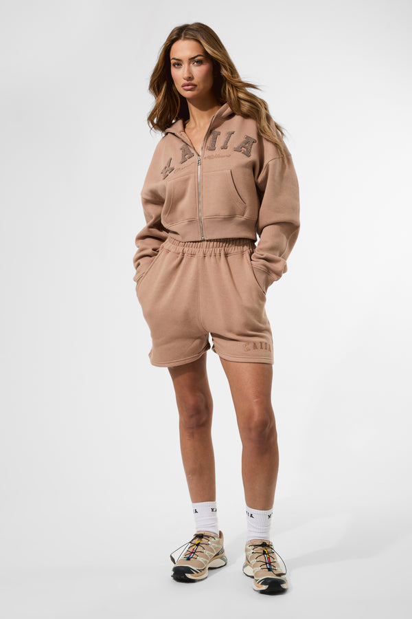 Kaiia Slogan Zip Through Cropped Hoodie Latte