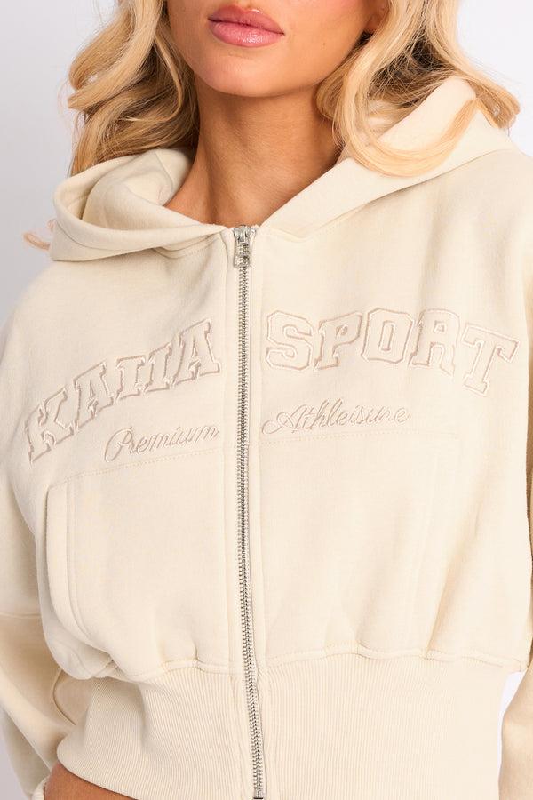 Kaiia Sport Logo Cropped Zip Up Hoodie Buttercream