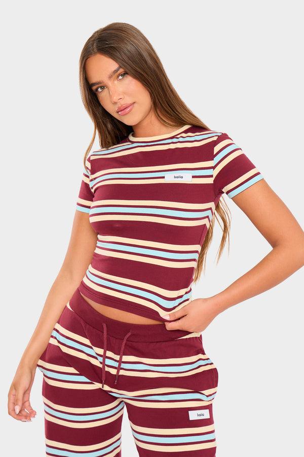 Kaiia Striped Label Logo Baby Tee Burgundy & Baby Blue
