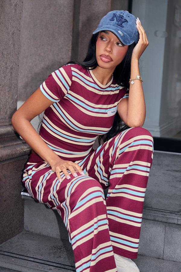 Kaiia Striped Label Logo Baby Tee Burgundy & Baby Blue