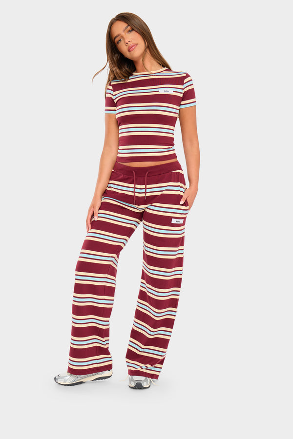 Kaiia Striped Label Logo Wide Leg Trousers Burgundy & Baby Blue