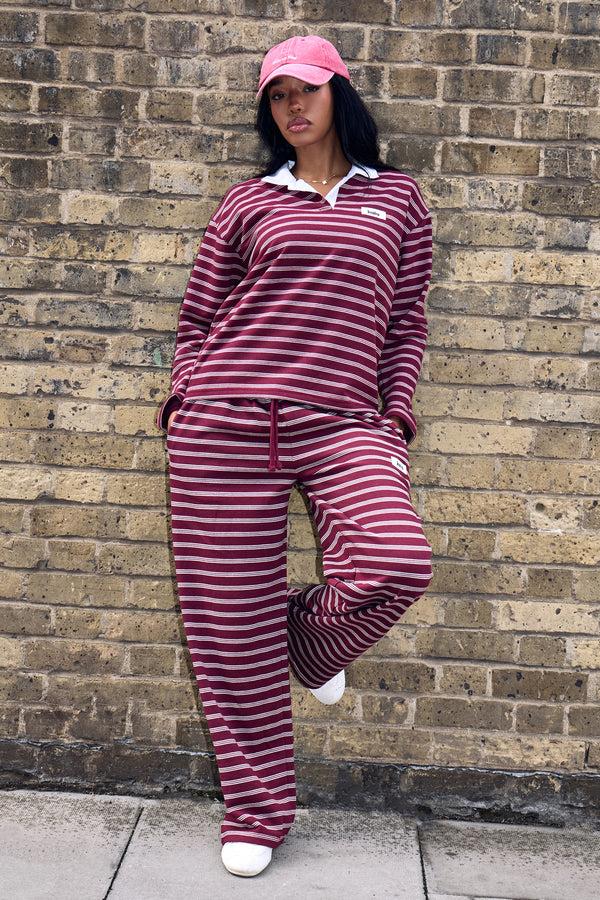 Kaiia Striped Oversized Rugby Shirt Burgundy & Cream
