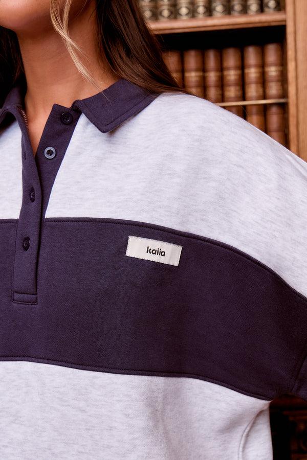 Kaiia Striped Oversized Rugby Sweatshirt Navy & Grey Marl