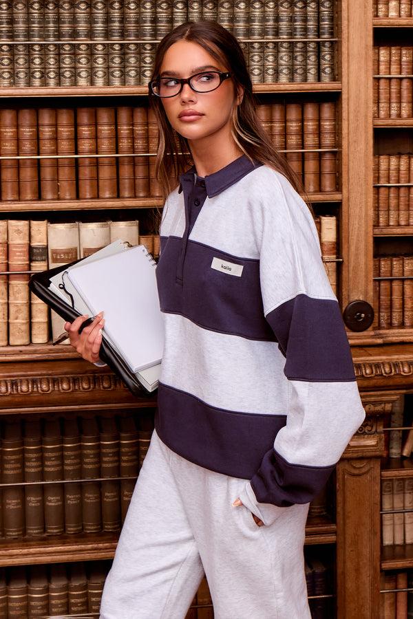 Kaiia Striped Oversized Rugby Sweatshirt Navy & Grey Marl