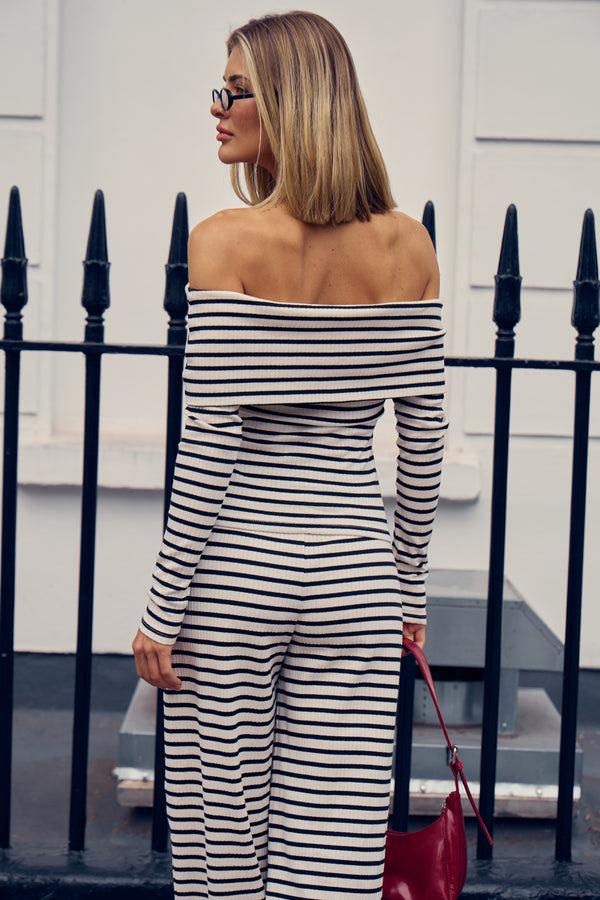 Kaiia Striped Rib Bardot Top Black & White