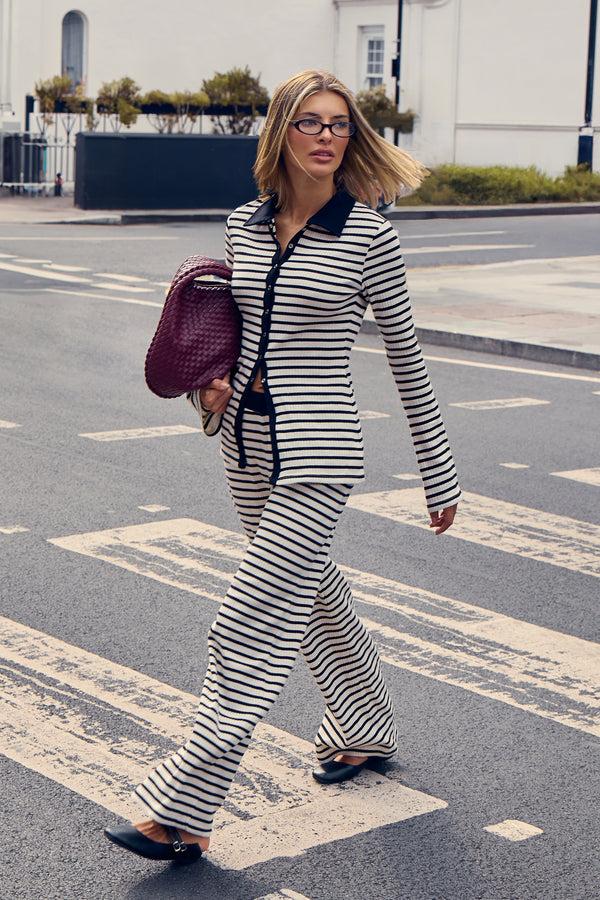 Kaiia Striped Rib Button Down Top Black & White