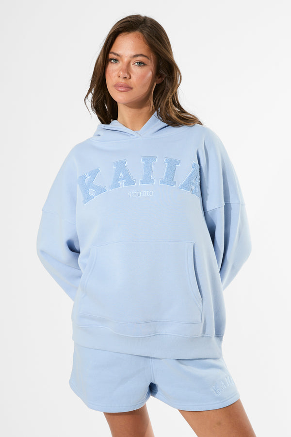 Kaiia Studio Borg Slogan Oversized Hoodie Light Blue