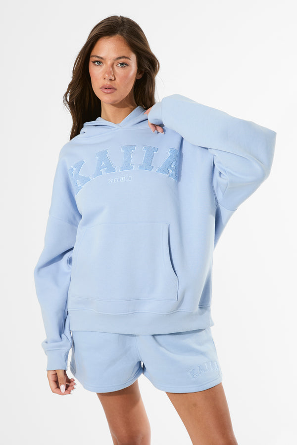 Kaiia Studio Borg Slogan Oversized Hoodie Light Blue
