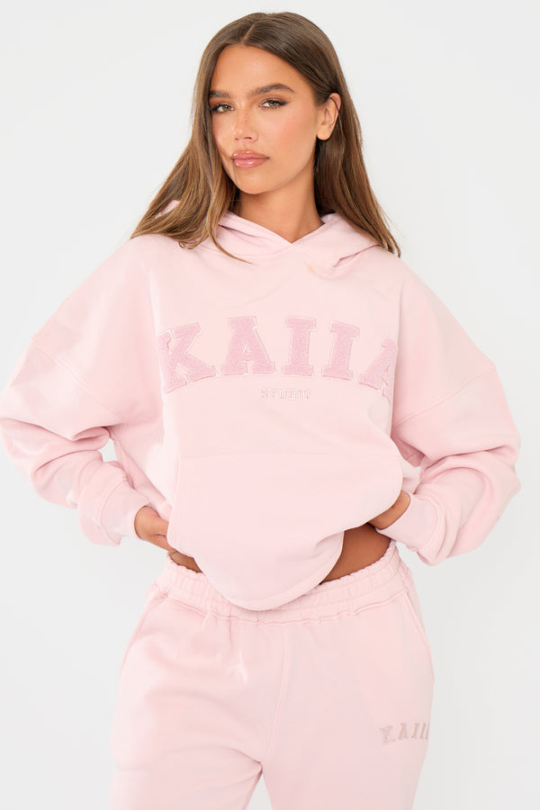 Kaiia Studio Borg Slogan Oversized Hoodie Pink Chai