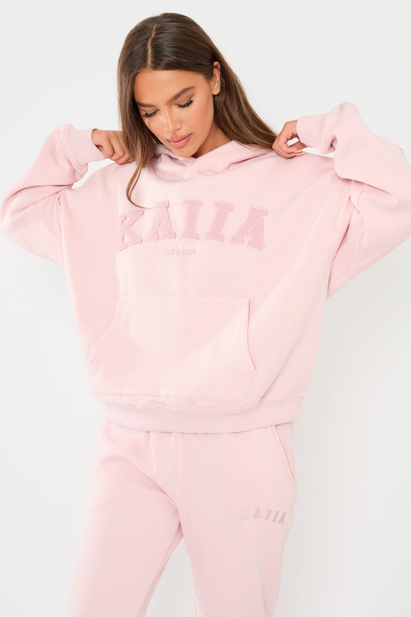 Kaiia Studio Borg Slogan Oversized Hoodie Pink Chai
