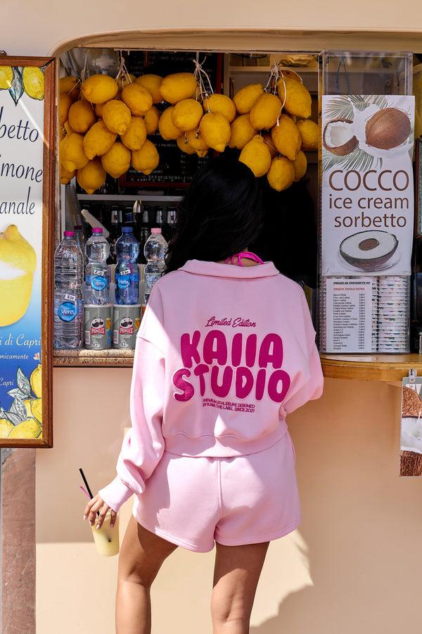 Kaiia Studio Bubble Graphic Quarter Zip Sweatshirt Baby Pink & Hot Pink