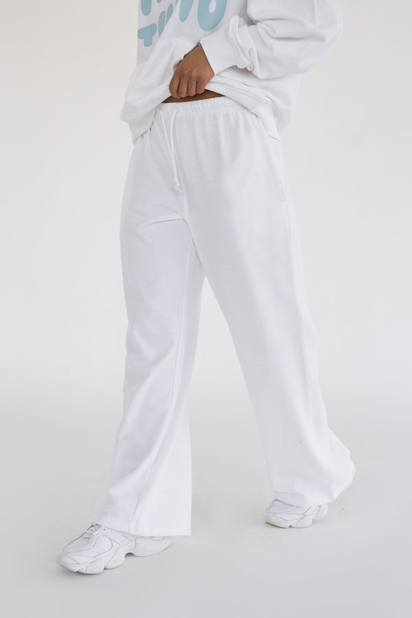 Kaiia Studio Bubble Logo Pocket Wide Leg Sweat Pants White & Blue