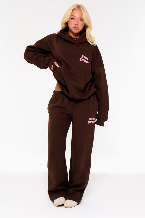 Kaiia Studio Bubble Wide Leg Joggers Chocolate & Pink