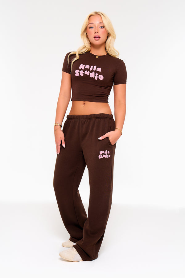 Kaiia Studio Bubble Wide Leg Joggers Chocolate & Pink