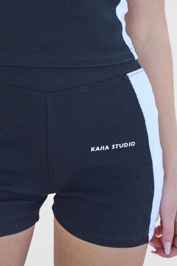 Kaiia Studio Contrast Panel Ribbed Mini Shorts Black & White