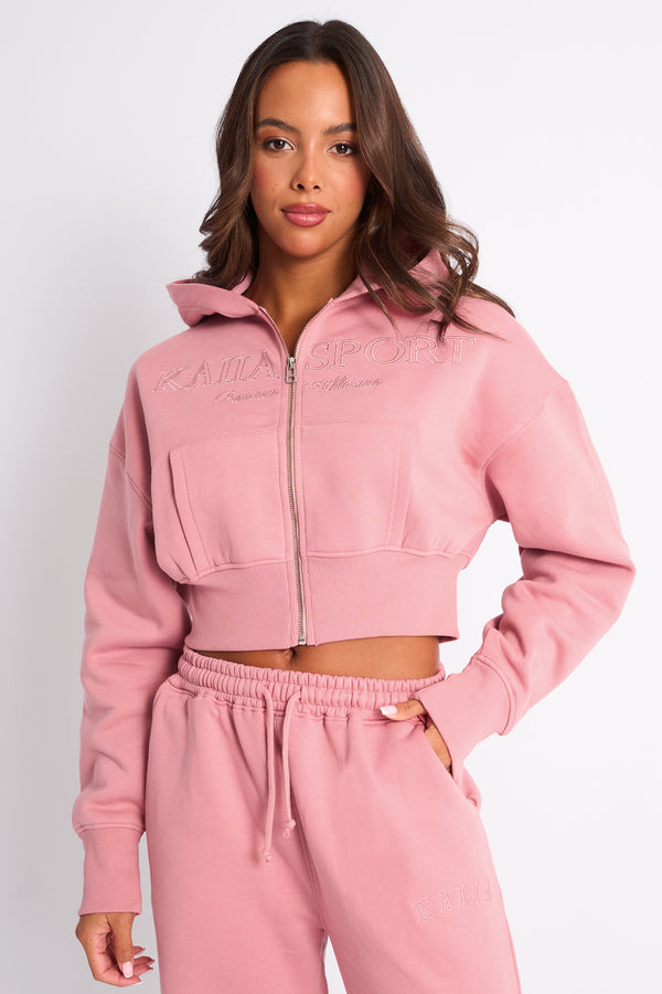 Kaiia Studio Cropped Zip Up Hoodie Blusher